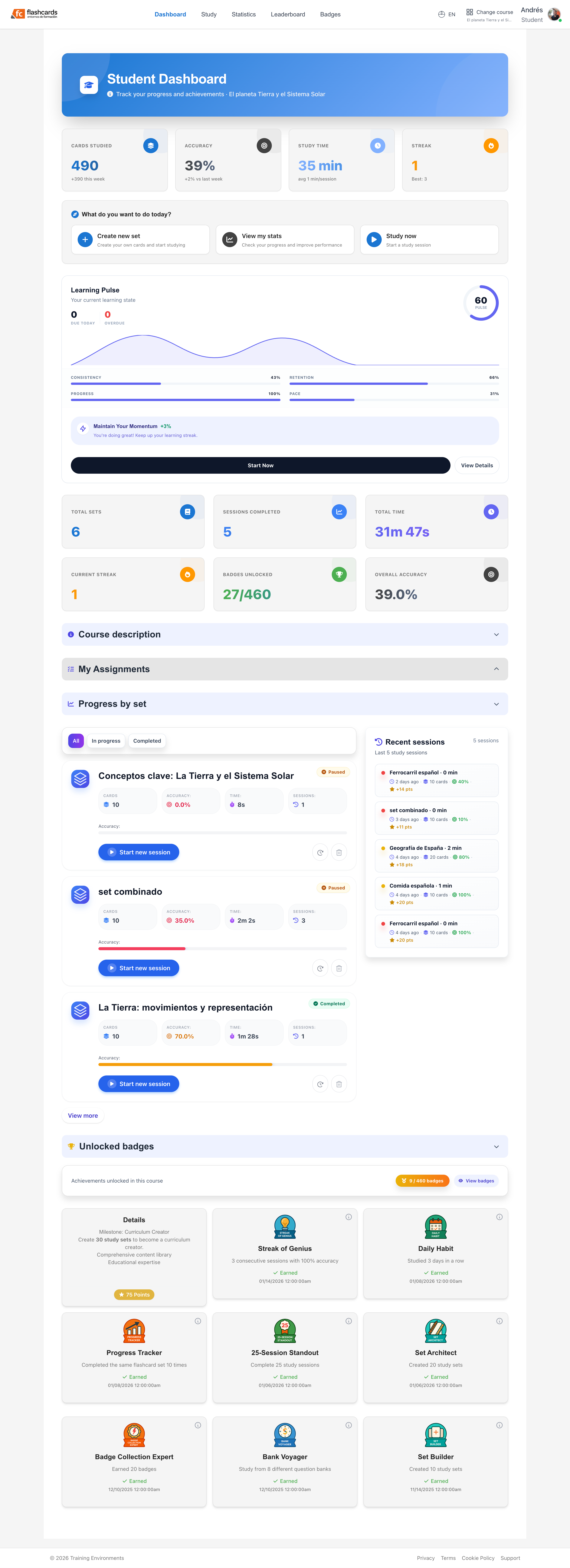 Flashcards student dashboard