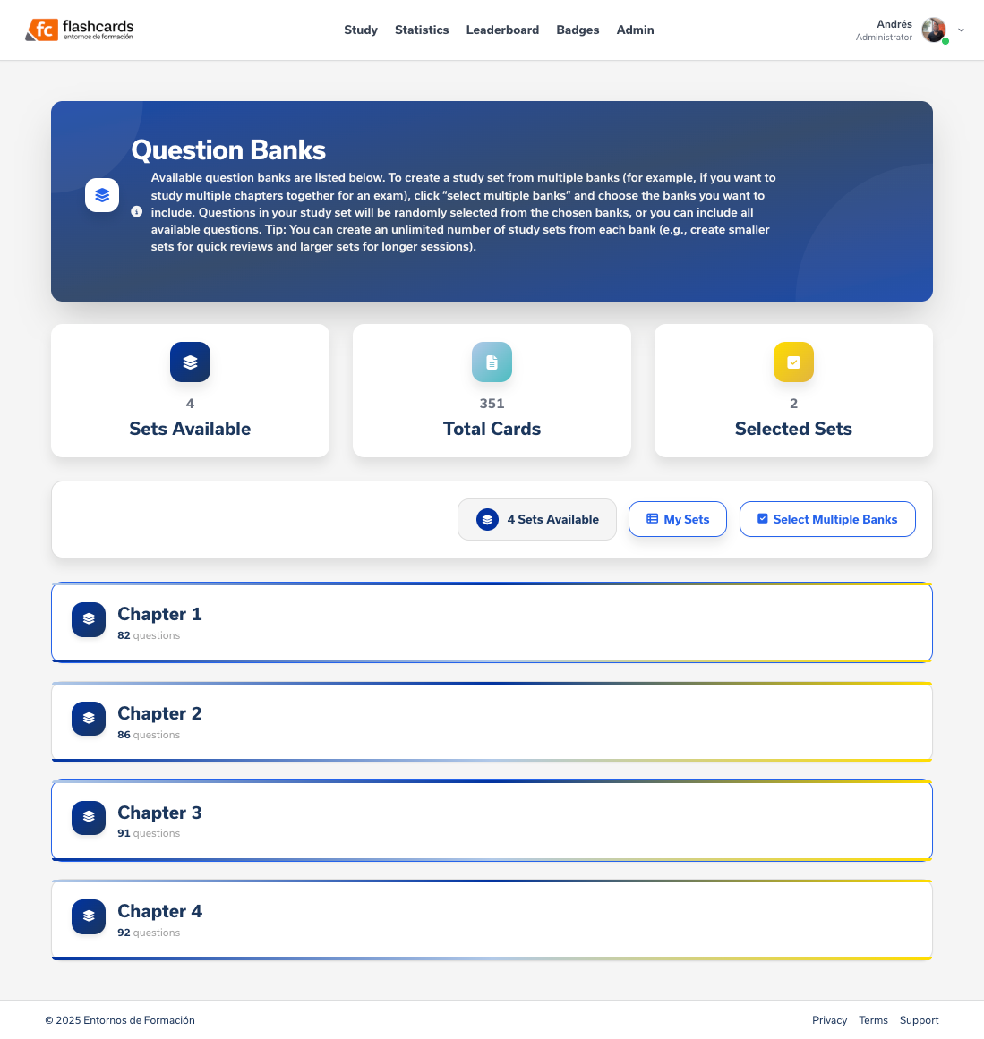 Question banks view listing available sets and chapters