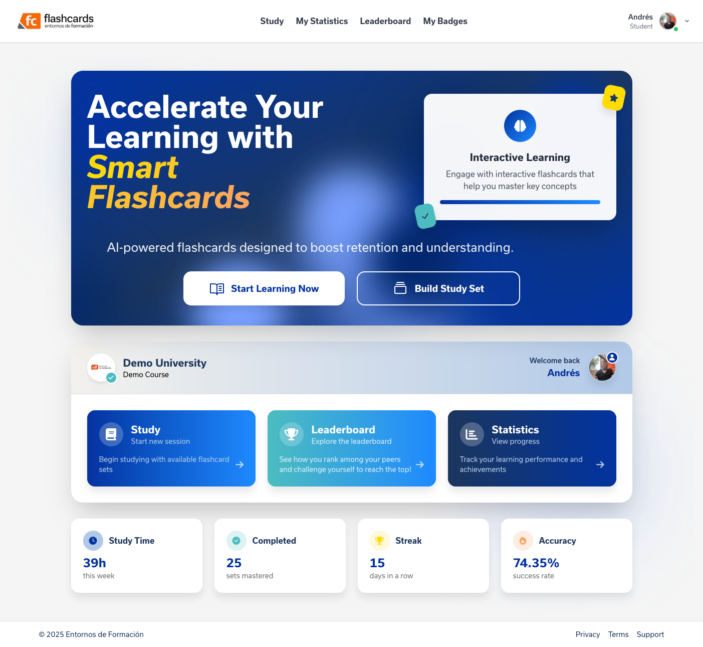 Flashcards — student dashboard with Study, Leaderboard, Statistics and progress cards