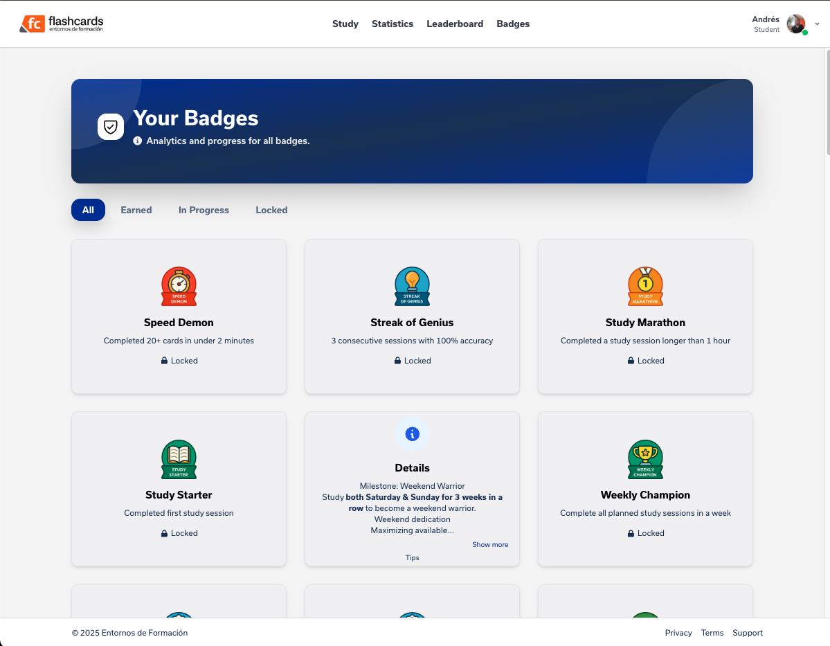 Badges gallery showing earned, in-progress and locked badges