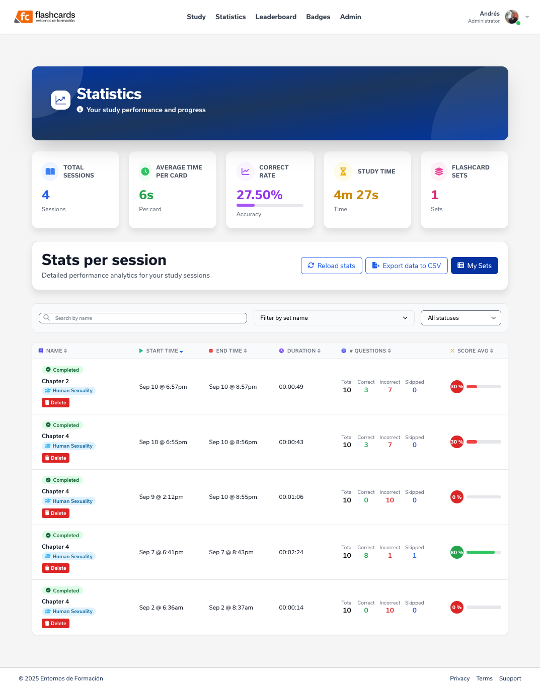 Statistics view with sessions table, correct rate, average time and CSV export